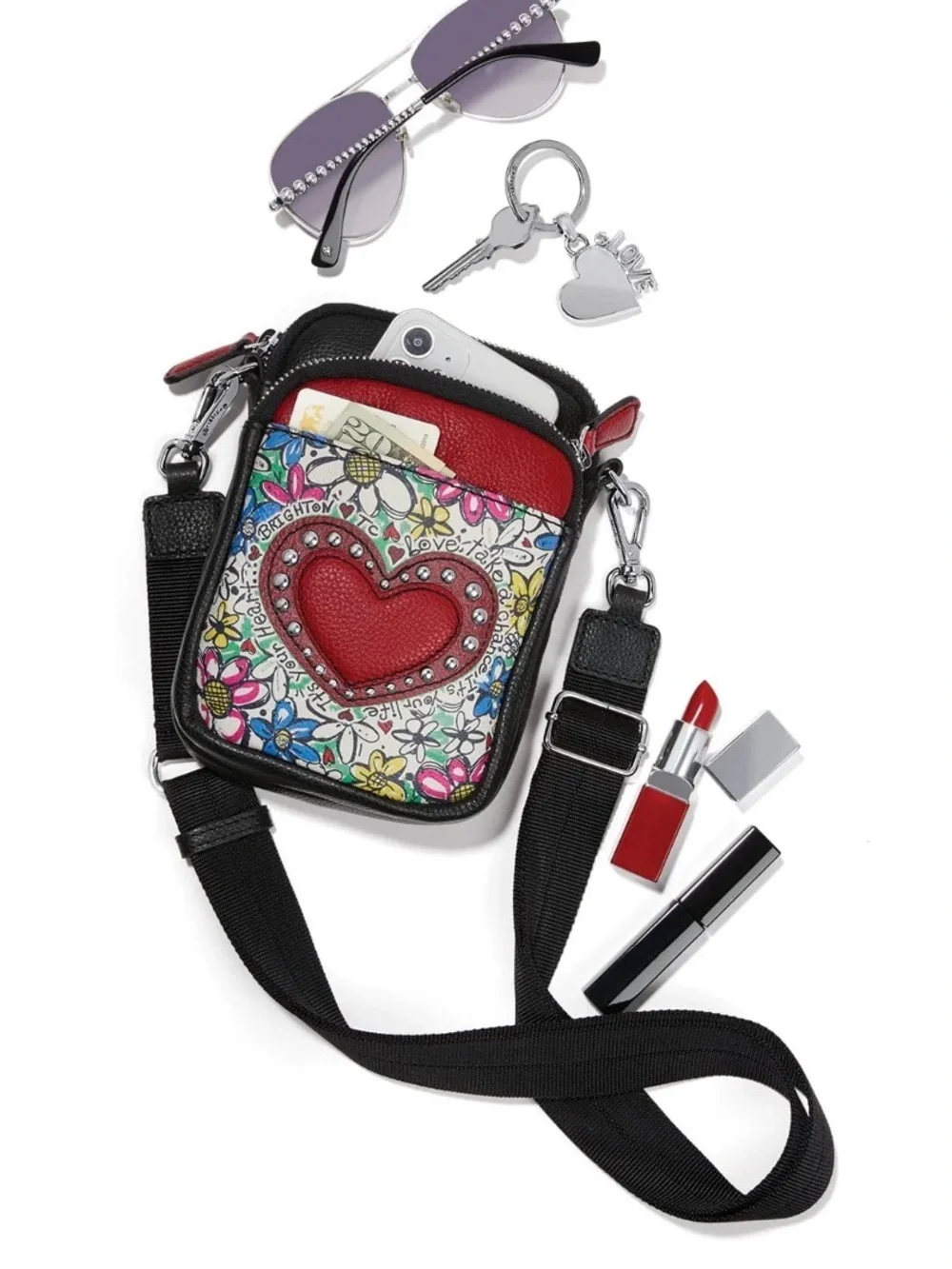 Brighton-Leather Scribble Crossbody Bag in Red, Black and Floral